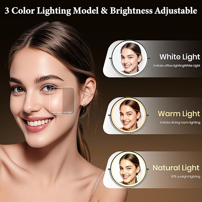 9" Large Wall Mounted Lighted Makeup Mirror Black Nickel, 1X/20X Magnifying Mirror with 3 Color Light, LED Lights Dimmable 5000mAh Rechargeable Wall Mount Makeup Mirror, 360° Swivel 17" for Bathroom