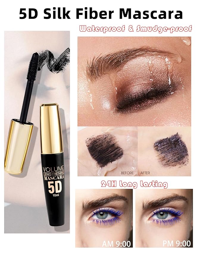 Black+White Waterproof Mascara for Eyelash, 5D Silk Fiber Lashes Extension Colored Tube Mascara with Eyelash Brush, Long Lasting Smudge-proof Volumizing Lengthening, Eye Makeup Gift for Women