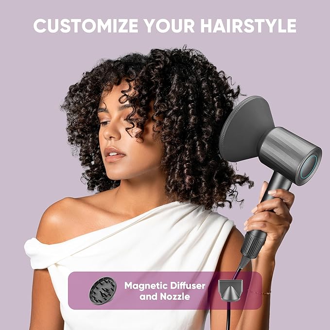 Professional High-Speed Hair Dryer 110,000 RPM, Fast Drying with 500M Negative Ions, Salon-Grade Low Noise Thermo-Control, Includes Magnetic Diffuser & Nozzle (for Home&Travel)-Black