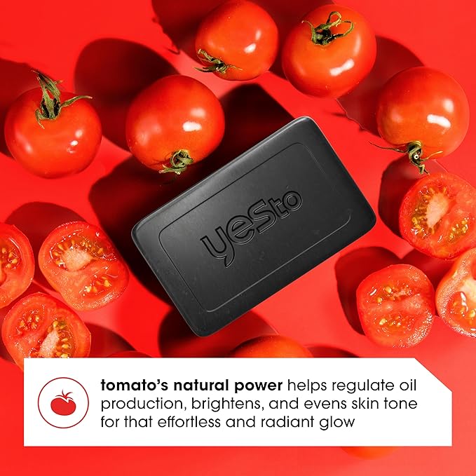 Yes To Tomatoes Charcoal Bar Soap with Tomato Extracts & Sunflower Seed Oil - Detoxifying Face & Body Soap for Men, Women, and Teens, 6 oz - Paraben-Free