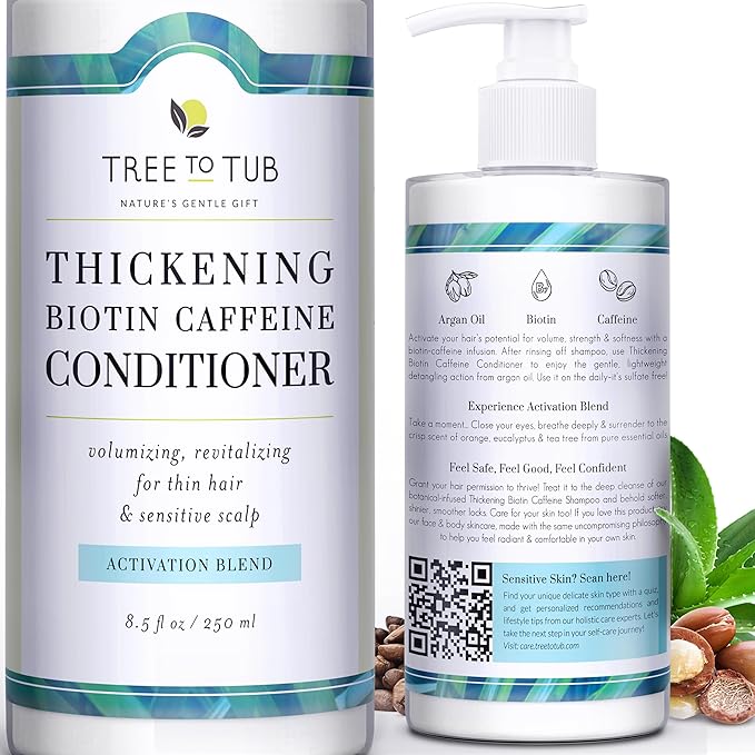 Tree To Tub Biotin Conditioner - Activating Caffeine for Fuller Hair, Thickening Conditioner for Women & Men for Dry Damaged Hair, Sulfate Free w/Organic Argan Oil & Aloe