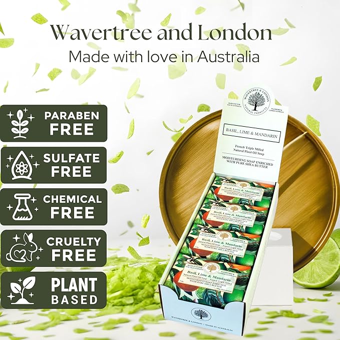 Wavertree & London Basil, Lime & Mandarin Scented Natural Soap (8 Bars), 7oz Moisturizing French Triple Milled Soap Bars enriched with shea butter - Pure Plant Oil Bath & Body Bars for All Skin Types