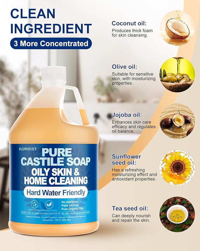 Pure Castile Soap Liquid Unscented 1 Gallon(128 floz) Refill,Organic Body Wash Bath Soap Castile Liquid,Hard Water Oily Skin Friendly for Body, Face, Hand,Dishes,Home Cleaner Fragrance Free