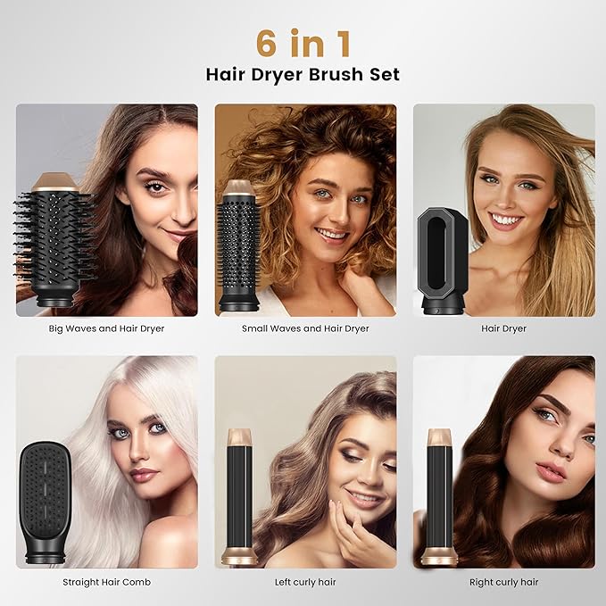 6 in 1 Blow Dryer Brush, Upgrade Hair Dryer Brush Set Negative Ion Air Styler Curling Wrap Air Curler, Hot Air Brush Curling Iron Hair Styling Tools As A Gift for Straight/Curl/Dry/Smooth