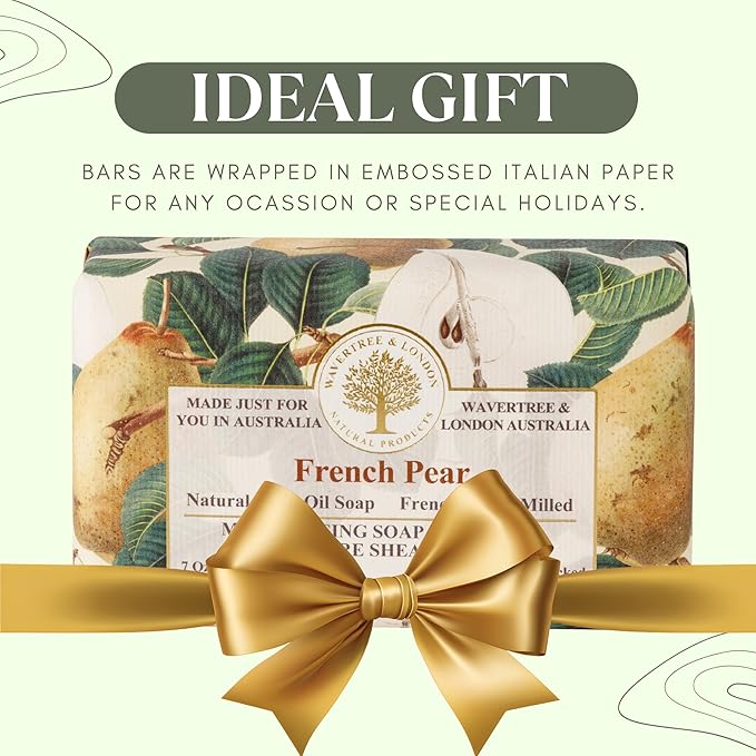 Wavertree & London French Pear Scented Natural Soap Bar, 7oz Moisturizing French Triple Milled Soap Bar for Women & Men Enriched with Organic Shea Butter, Pure Bath & Body Soap (1 Bar)