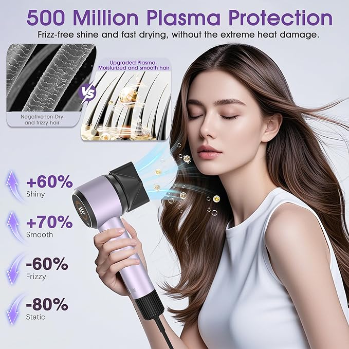 Ionic Hair Dryer with Auto-Adjusting Sensor,AI Hair Dryer with Magnetic Diffuser,100000 RPM High-Speed Hair Blow Dryer for Fast Drying,Compact Blow Dryer with 500M Plasma,Blow Dryer for Women(Purple)