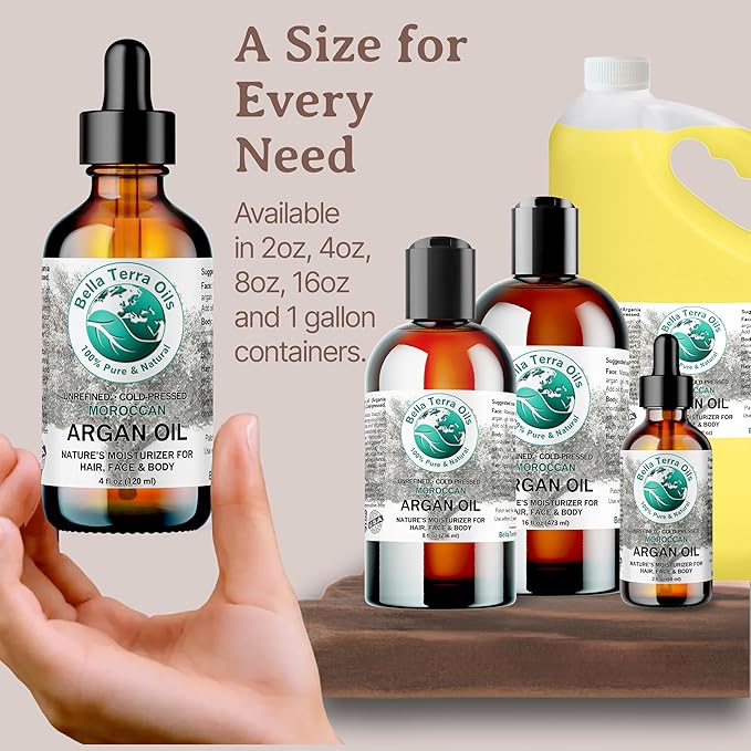 Bella Terra Oils - Argan Oil 4 oz - Embrace Silky Hair with Argan Oil for Hair, Harvested Pure, Enriched with Natural Antioxidants & Essential Minerals
