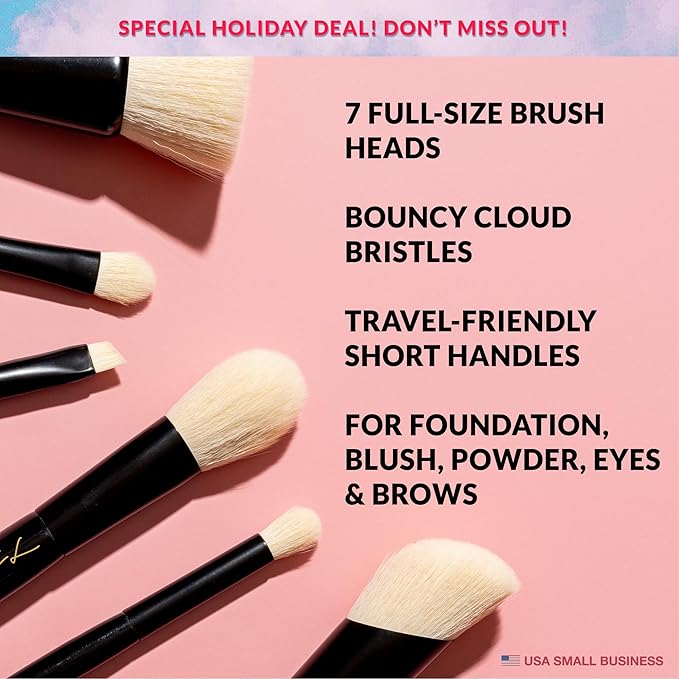 IN THE CLOUDS Travel Makeup Brushes Set + Case | Professional 7 Mini Foundation, Blush, Eyeshadow, Contour, Eyelining, Brow Brush | Short Handle Brush Set for Nearsighted | Soft for Sensitive Skin