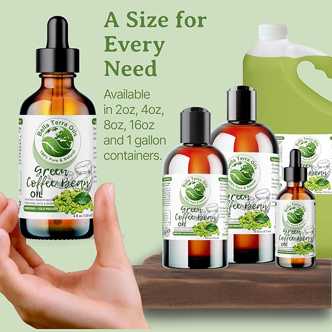 Bella Terra Oils - Green Coffee Bean Oil 16oz - Harness the Purity of Coffee Serum Ingredients, Enriched with Potent Acids for Lush & Healthy Skin