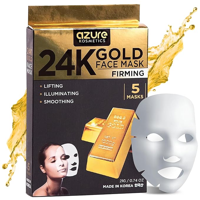 Azure Cosmetics 24K Gold Firming Face Mask- Anti Aging, Hydrating, Toning & Firming Facial Sheet - Helps Reduce Wrinkles & Fine Lines - With Hyaluronic Acid & Collagen - Made in Korea - Pack of 5