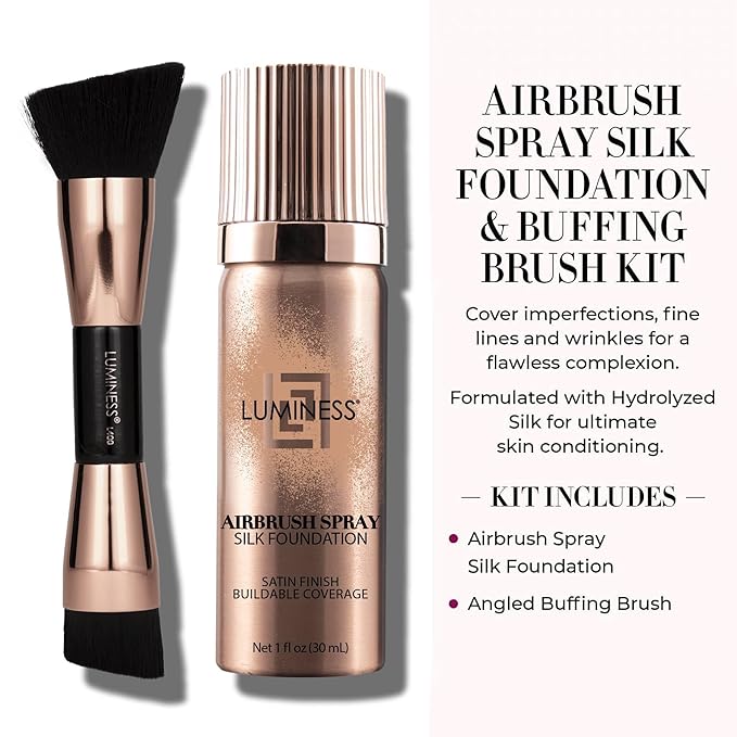LUMINESS Silk Airbrush Spray Foundation 2-PC Kit - Foundation & Dual-Sided Angled Makeup Brush - Buildable Coverage, Anti-Aging Formula, Humidity Resistant, Hydrates & Moisturizes, Warm