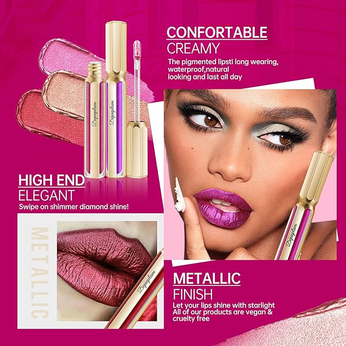 Burgundy Lipsticks for Women Metallic Lipstick Long Lasting Non Stick Cup Lip Gloss, Shimmer Lightweight Hydrating Full Coverage Lip Color, DP107 Wild Girl