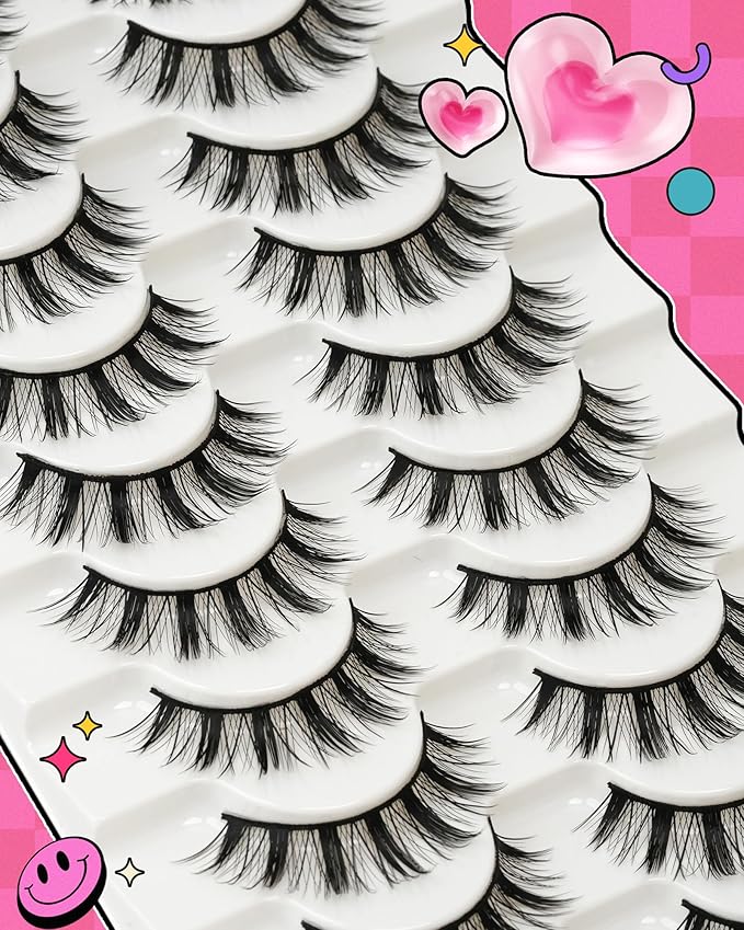 Manga Lashes Spiky False Eyelashes - Wispy Natural Look Anime False Eyelashes 10 Pairs Cotton Band Strip Lashes Cosplay Asian D Curl Fake Lashes by EMEDA(14mm #01)