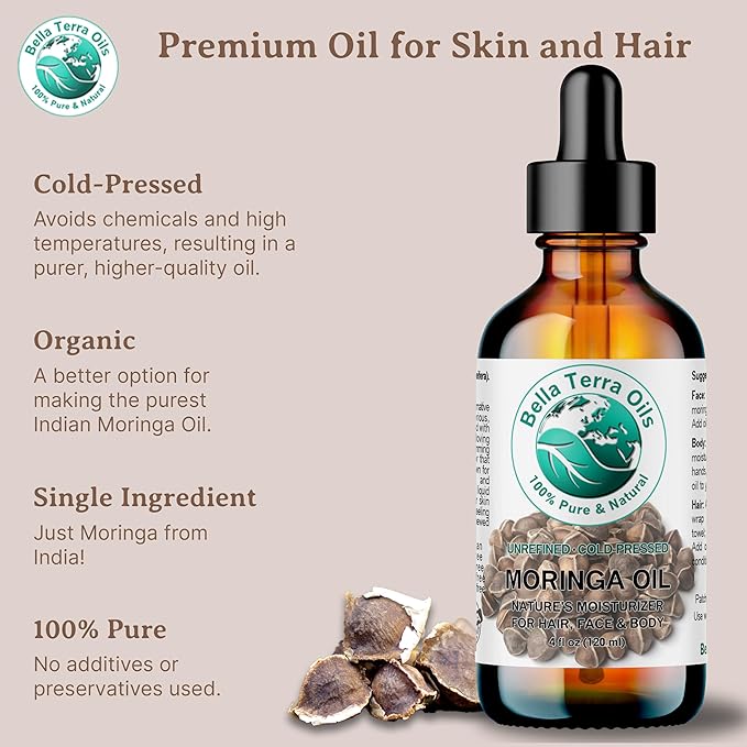 Bella Terra Oils - Organic Moringa Oil 4 oz - Celebrating Pure Premium Organic Moringa, Enriched with Antioxidants, Best for Nourishing Skin’s Natural Glow