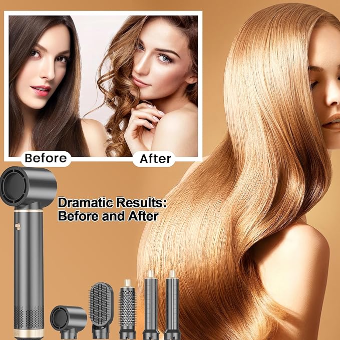 5 in 1 Hair Dryer Brush Hot Air Curling Brush Negative Ion Air Styler，Multi Function Blow Dryer Brush with Curling Wand, Straightening Brush, and Volumizing Hot Air Brush （Ash Gold）