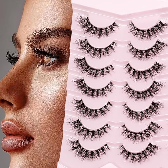 𝗙𝗮𝘂𝘅 𝗠𝗶𝗻𝗸 𝗙𝗮𝗹𝘀𝗲 𝗘𝘆𝗲𝗹𝗮𝘀𝗵𝗲𝘀 𝟯𝗗 𝗙𝗹𝘂𝗳𝗳𝘆 𝗖𝘂𝗿𝗹𝘆 14mm Wispy Natural Look Short False Lashes Volume Clear Band Cat Eye Fake Eyelashes False Lashes Strip Pack by EMEDA (N06)