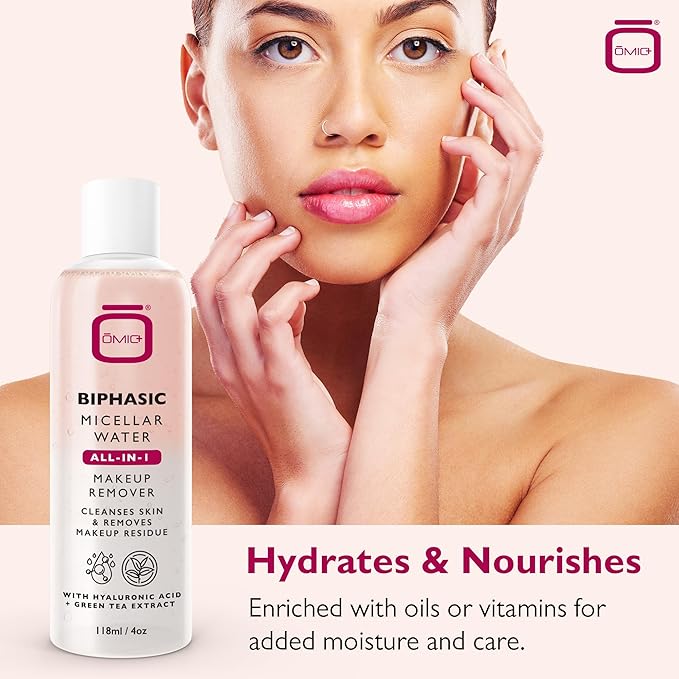 OMIC Biphasic Micellar Water - 4 oz / 118ml - All-in-1 Gentle Makeup Remover & Cleanser - Hydrating Facial Cleanser, Makeup Remover with Hyaluronic Acid and Green Tea Extract for All Skin Types