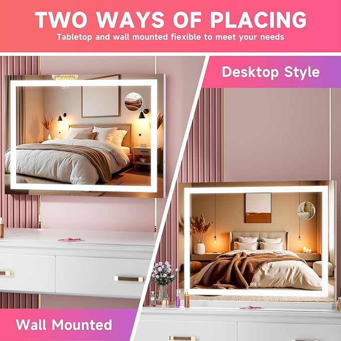 Vanity Mirror with Lights, 40" x 29" LED Makeup Mirror with 10X Magnification, Dimmable 3 Modes, Memory Function, Smart Touch, USB Charging Port, Lighted Makeup Mirror Square White