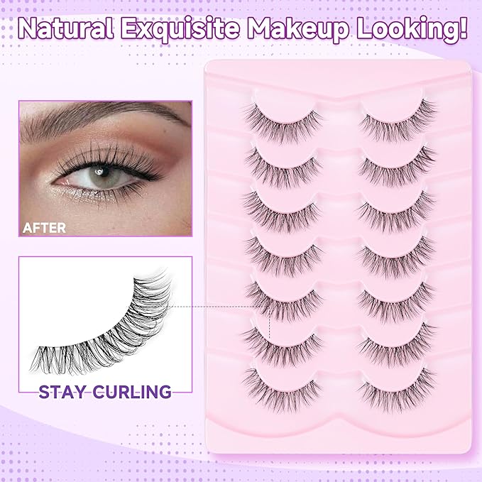 Lashes Natural False Eyelashes Short Lashes 13mm Wispy Eyelashes with Clear Band 3D Volume False Lashes Soft Strip Lashes Pack C Curl Natural Eyelashes Fake Lashes 7 Pair EVENTILL