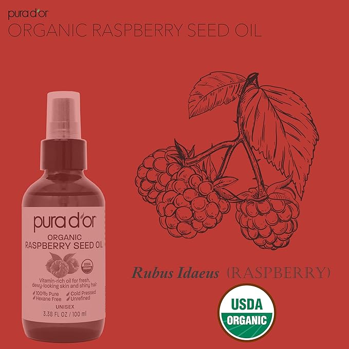 PURA D'OR 3.38 Oz ORGANIC Raspberry Seed Oil - 100% Pure USDA Certified, Cold Pressed Unrefined, Hexane-Free, Premium Grade - Sun Protection For Skin, Body & Hair