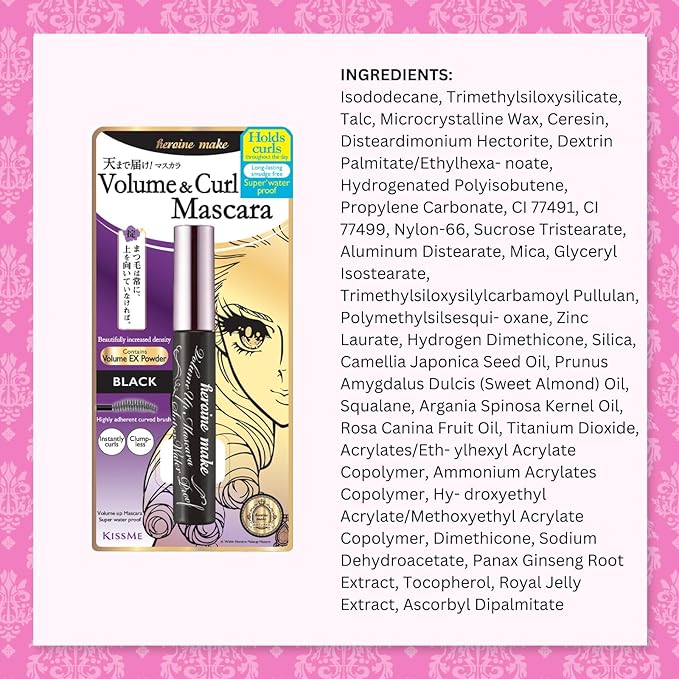 HEROINE MAKE by KISSME Volumizing Mascara Waterproof & Curvy Brush for Eye Makeup | Waterproof Mascara Volume & Length by Defining Fiber for Long-lasting Natural Eyelash Look, from Japan, Black, 2 EA