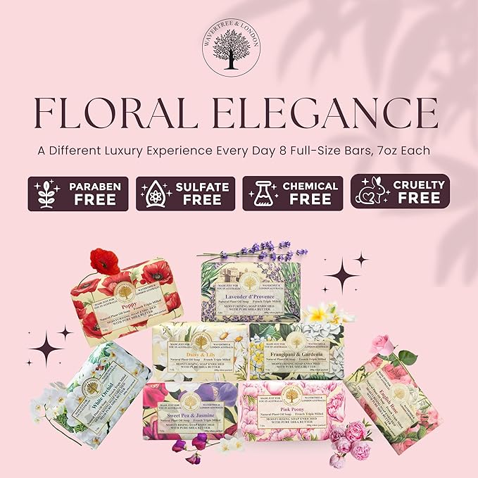 Wavertree & London Assorted Floral Elegance Scents Natural Soap Bars (Pack of 8), 7oz Moisturizing Triple Milled Soap Bars Enriched with Shea Butter and Pure Plant Oils | All Body & Bath Soap
