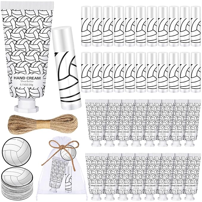 144 Pcs Volleyball Lip Balm Hand Cream Set Volleyball Party Favors, Include 36 Volleyball Lip Balm 36 Moisturizing Hand Cream 36 Bags 36 Volleyball Cards and Ropes for Volleyball Accessories