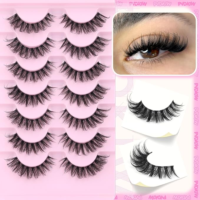 Mink Fake Lashes Wispy False Eyelashes Clear Band Natural Look Cat Eye Lashes Pack 3D 8-15mm Strip Lashes Wispy, 7 Pairs