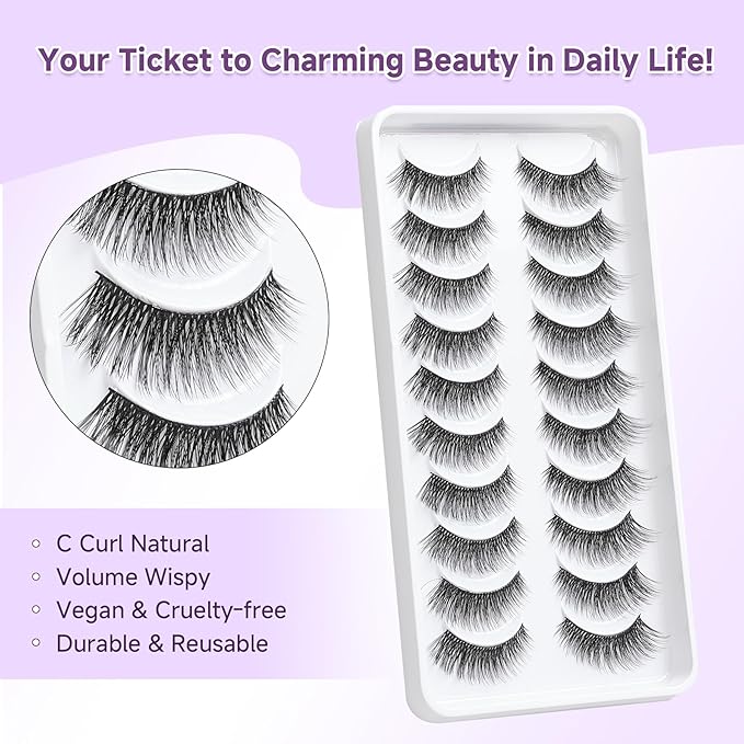 Lashes Cat Eye15mm Wispy Eyelashes Thin Band False Eyelashes 3D Volume False Lashes Soft Strip Lashes Pack C Curl Natural Eyelash Fake Lash 10 Pair EVENTILL