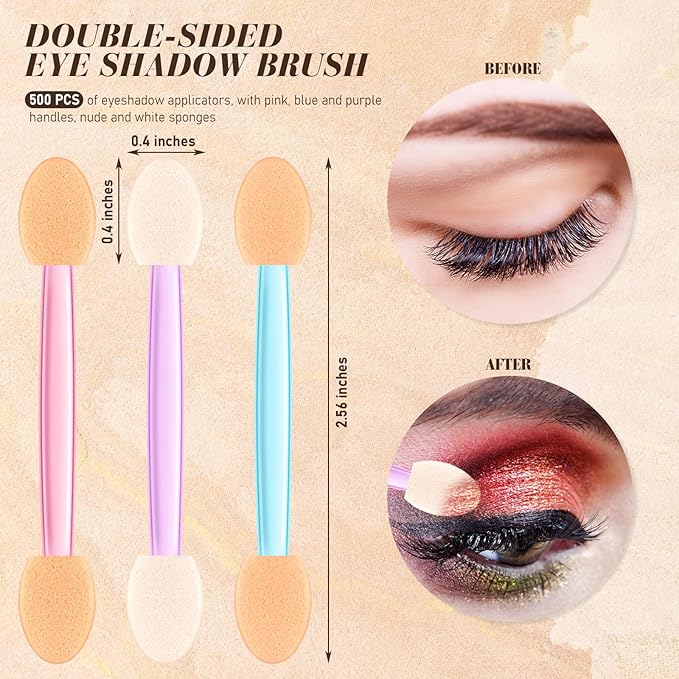 Tanlade 500 Pcs Eyeshadow Applicators Disposable Eye Makeup Brushes Eyeshadow Double Sided Sponge Brushes for Women Lady Girls(2.56 Inch,Mixed Colors)
