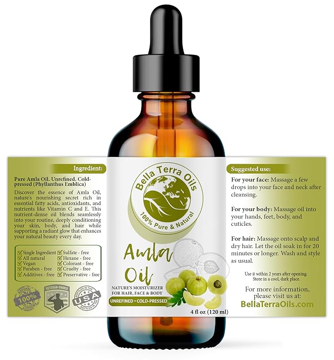 Bella Terra Oils - Organic Amla Oil 4 oz - Dive into Organic Amla's Nutritional Excellence, High in Vitamin C & E, Promotes Supple & Radiant Skin