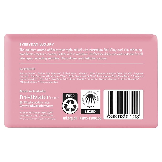 Freshwater Farm Australia Castile Natural Bar Soap | Rosewater + Pink Clay | Australian Made + Family Owned | Triple-Milled with Australian Pink Clay | Recyclable Paper Wrap | 200g x 8pk