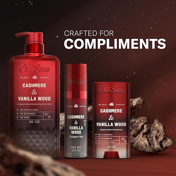 Old Spice Aluminum Free Deodorant for Men, The Spice Alchemist Collection, 24/7 Cologne Infused Scent, No Trade Off Formula, Free of Parabens & Phthalates, Cashmere + Vanilla Wood Scent, 3.0 oz