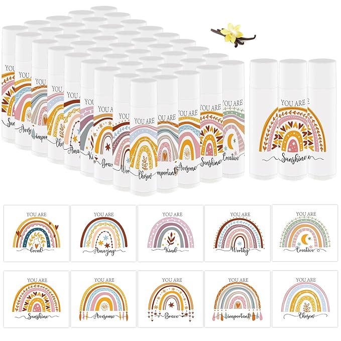 50 PCS Bohemian Rainbow Lip Balm Bulk Inspirational Words Appreciation Gift for Women Thank You Gifts Lip Moisturizer Products for Teacher Baby Shower Coworkers Friend Wedding Bridal Shower