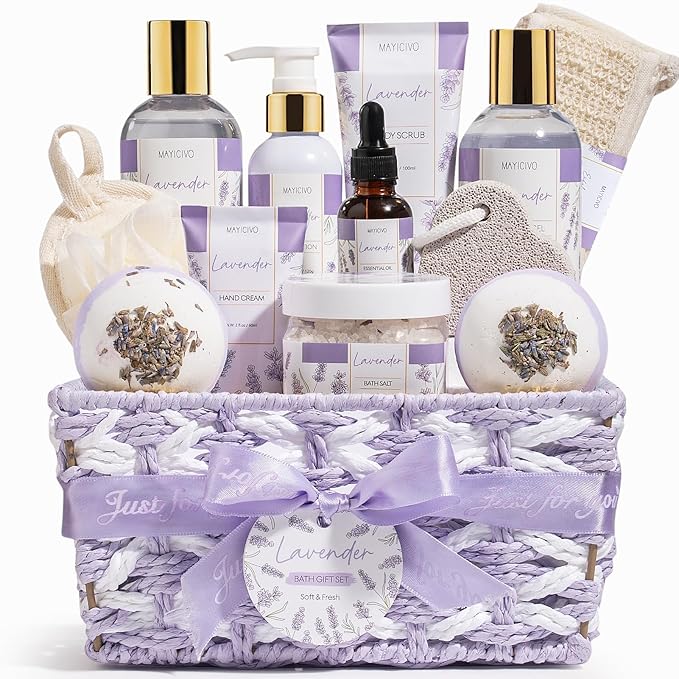 Birthday Gifts for Women, Lavender Relaxing Spa Gift Baskets for Women Self Care Package Bath Gift Set, Home Bath and Body Kit Pamper Valentines Day Gifts for Her Womens Mom Friends Wife Girlfriend