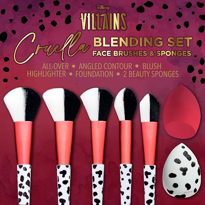 Disney Cruella 7PC Premium Makeup Brush & Blender Set, All-over, Highlighter, Concealer, and Eyeshadow Brush, 2 Beauty Blender Sponges for women and girls by Belle Maison