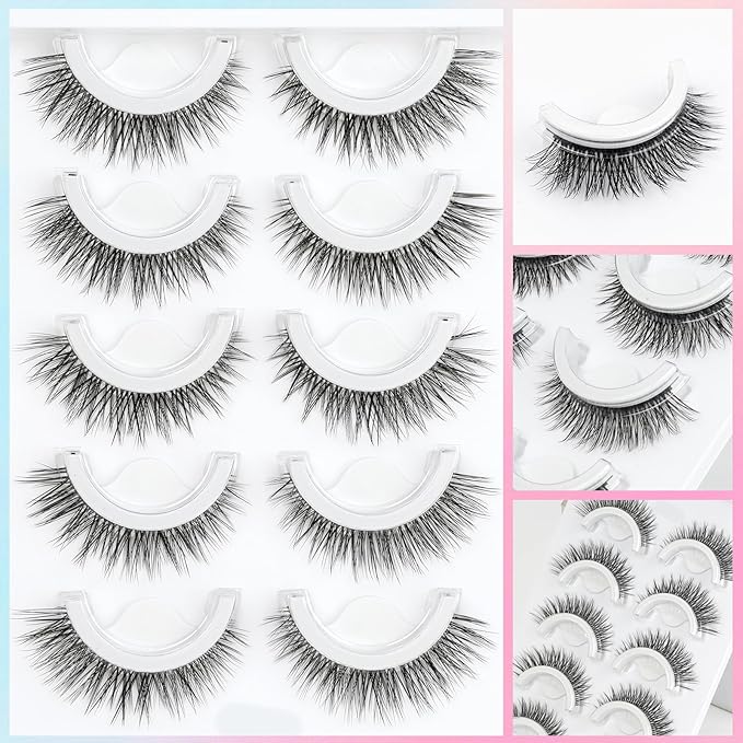 Self Adhesive Lashes False Eyelashes - Update More Stronger Pre-glued Natural Cat Eye Wispy Fake Lashes Press on EyeLashes Waterproof No Glue Needed D Curl Reusable Fluffy by EMEDA(12mm 07)