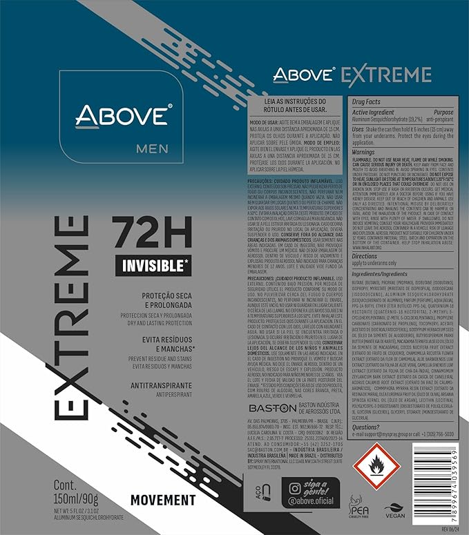 ABOVE Extreme Men Movement - 72H Antiperspirant Spray Deodorant for Men 5.07 Fl Oz | Aluminum-Free | Fresh Mist, No Stain & Alcohol, Long-Lasting Men's Deodorant Spray | Bergamot, Cassis, Thyme