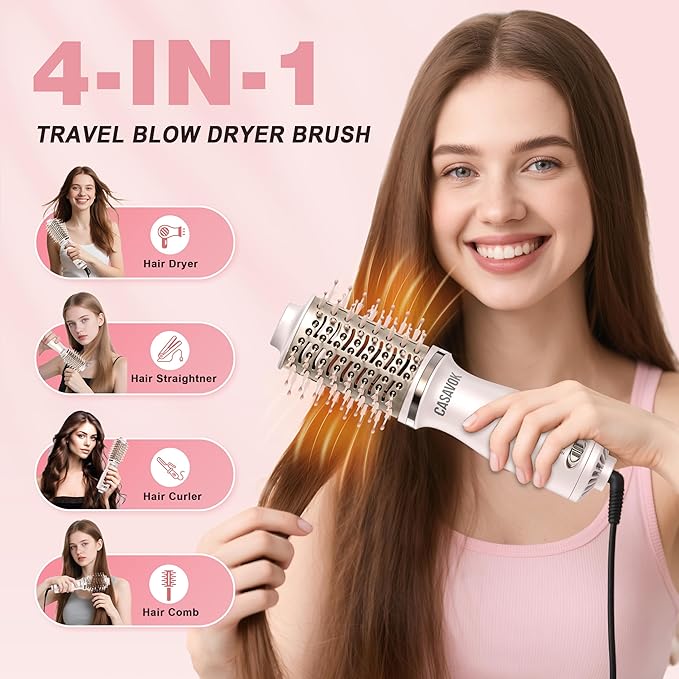Dual Voltage Hair Dryer Brush for Travel,4 in 1 Blow Dryer Brush,2 Inch Mini Hot Air Brush for Short Hair,Volumizer,110-240V Dual Voltage with European Plug Adapter,OvalBrushBlowDryer for Women(Pink)