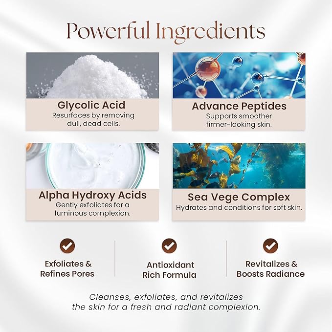 GlycoPeptide Radiance Cleanser – Gentle Exfoliating and Hydrating Face Wash with Glycolic Acid, AHAs, Peptides, Vitamins C and E – Radiance-Enhancing Daily Cleanser – 4.73 fl oz / 140ml