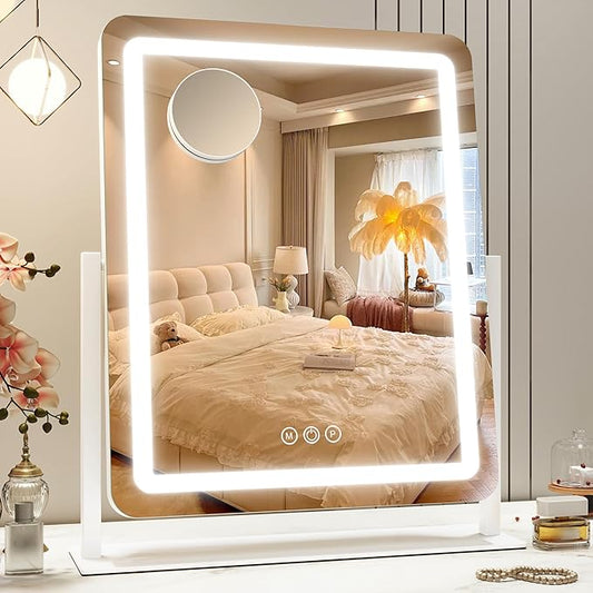 ROLOVE 22x18 Inch Vanity Mirror with Lights, 3 Color Dimmable LED Lighting, Smart Touch Control & 360° Rotation, Large Makeup Mirror for Bedroom, Dressing Room (White)
