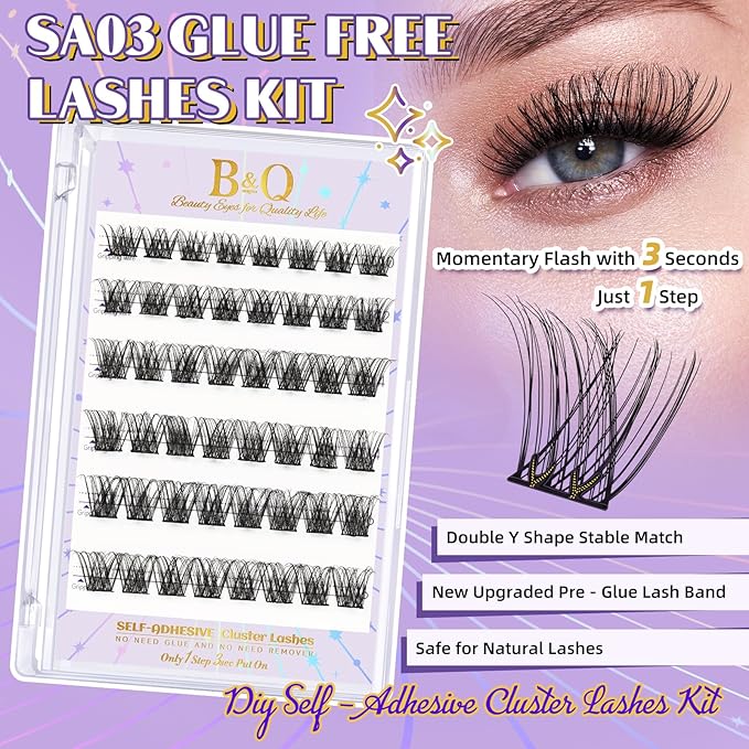 B&QSelf Adhesive Eyelashes SA03 48 PCS Self Adhesive Lashes Pre-Glued Cluster Lashes D Curl No Glue Eyelashes 10-16mm with Lash Tweezers 1 Step DIY Lash Self Stick (SA03-D)