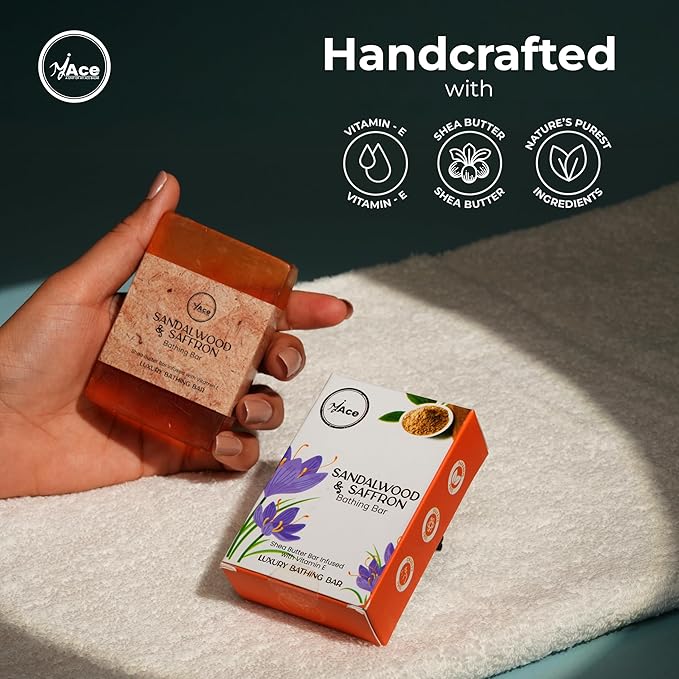 MY ACE Sandalwood & Saffron Bathing Bar – Handmade with Sandalwood & Saffron Extracts & Coconut Oil, SLES & Paraben Free, Enriched with Shea Butter & Vitamin E – Brightening & Moisturizing