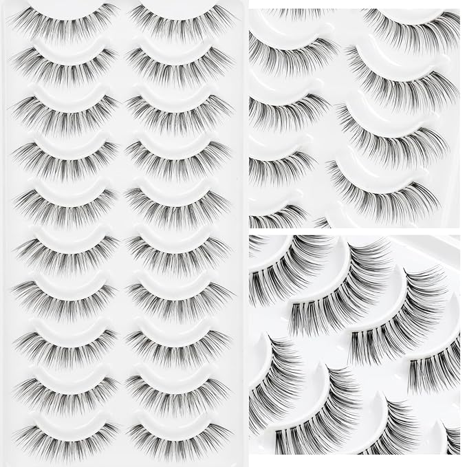 False Eyelashes Natural Lashes Wispy - 0.1mm Ultra Thin Clear Band 12mm Pestañas Postizas Naturales Cat Eye Reusable 10 Pairs Demi Wispies Short Fake Lashes Strips by EMEDA (WISPY 01)
