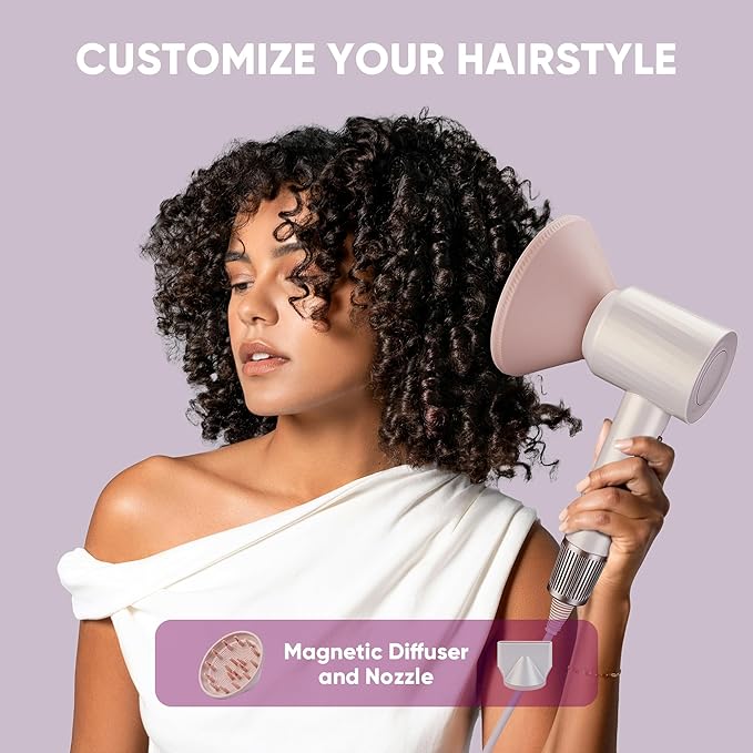 Professional High-Speed Hair Dryer 110,000 RPM, Fast Drying with 500M Negative Ions, Salon-Grade Low Noise Thermo-Control, Includes Magnetic Diffuser & Nozzle (for Home&Travel)-Pink