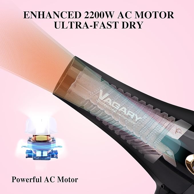 VAGARY 6685G Professional Salon Hair Dryer 2200w with Icd Display,Negative Ionic Blow Dryer,Powerful AC Motor Blow Dryer,Low Noise Hair Dryers,2 Speeds and 2 Heat Settings 1 Cool Shot Button