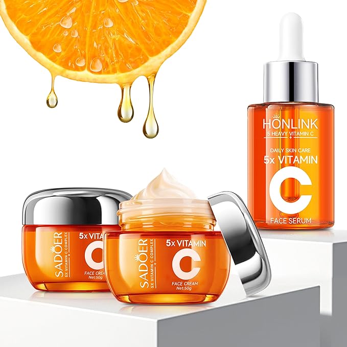 Facial Vitamin C Skincare Set, 2x Face Creams & 1x Serum, 5X Vitamin C Complex with Hyaluronic Acid & Niacinamide, Daily Moisturizing Cream & Serum to Improve Skin Texture & Enhance Radiance