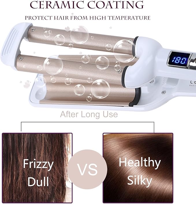Crimper Hair Iron, Ceramic Hair Crimper Hair Waver 3 Barrel Curling Iron 0.6 inch / 16mm Perm Instant Curls,Hair Crimper and Wavers, Valentines Mothers Day Gifts for Women (Champagne)