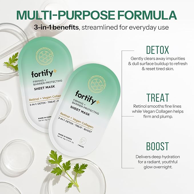 Face Mask with Retinol and Collagen - Dermatologist Tested, Anti Aging - Firming & Barrier Protecting - 3-in-1: Detox - Treat- Boost - Clean Beauty, Korean Skin Care, 5 Sheet Masks