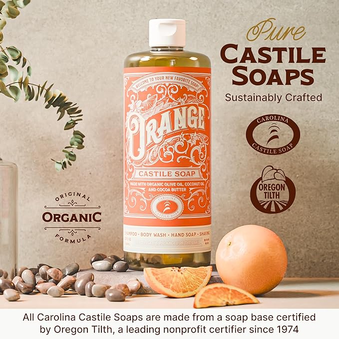 Carolina Castile Soap Orange Scent – Certified Organic Base, High Olive Oil Content, Non-Drying, Made with Organic Oils, Concentrated Natural Body Wash for Men and Women (Orange, 1 Gallon)